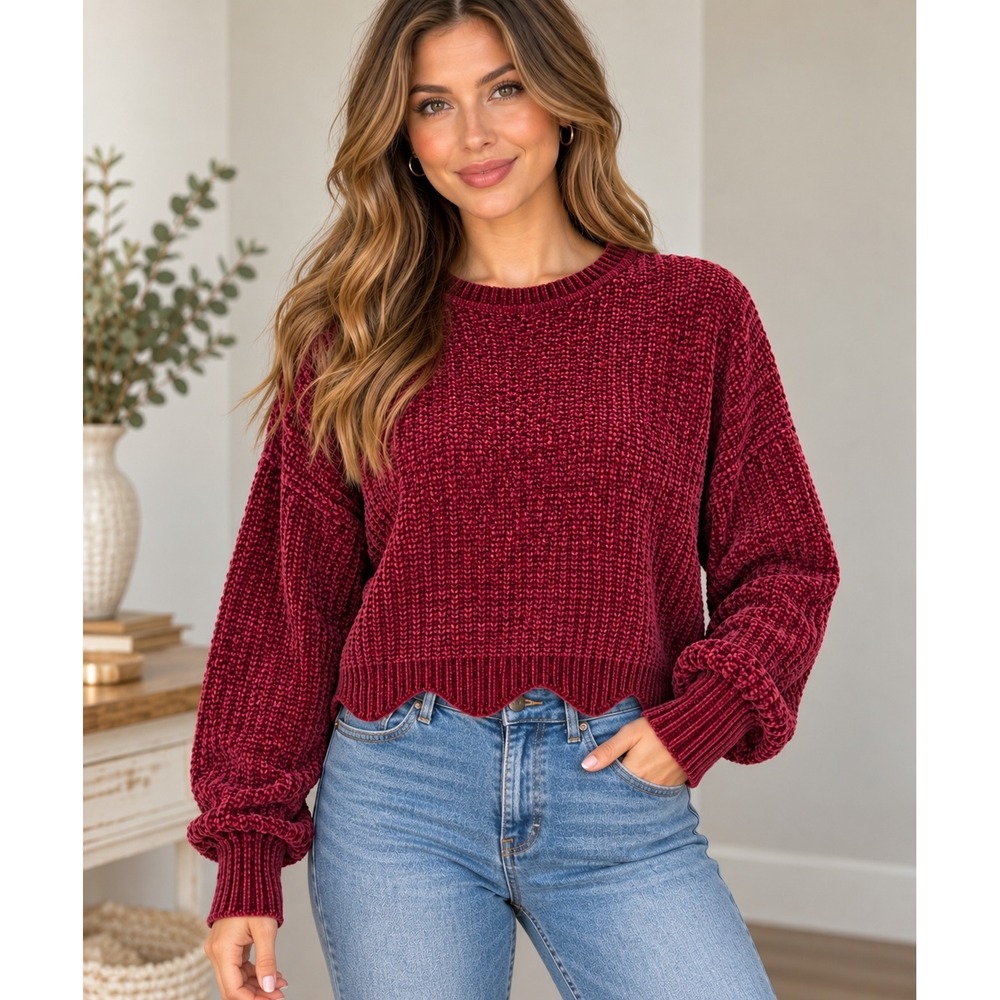 Alya Burgundy Chenille Sweater M Scallop Hem Oversized Plush Cozy Knit